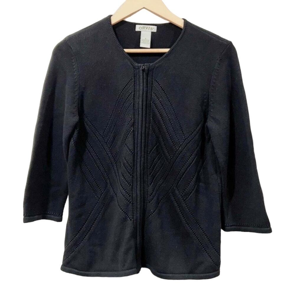 ORVIS Women 3/4 Sleeve Black Full Zip Cardigan Sweater